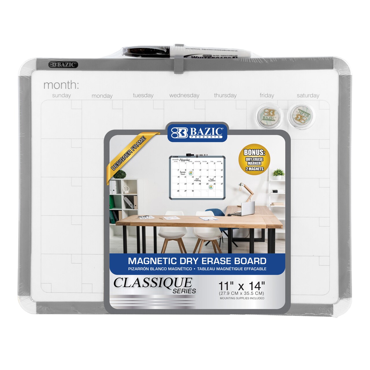 BAZIC CLASSIQUE Magnetic Dry Erase Calendar Board 11" X 14" w/ Marker & 2 Magnets